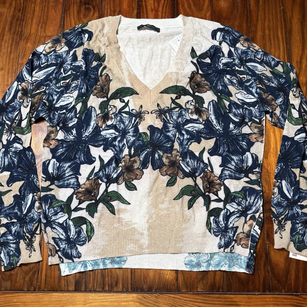 High Use Blue Beige Claire Campbell Cotton Bold Floral Sweater S A1848